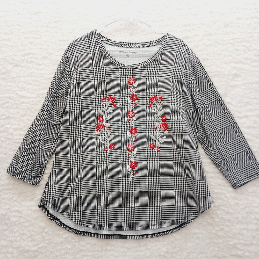 T-Shirt Women Houndstooth Textured Applique Floral Mob Wife Bold Retro Size XL